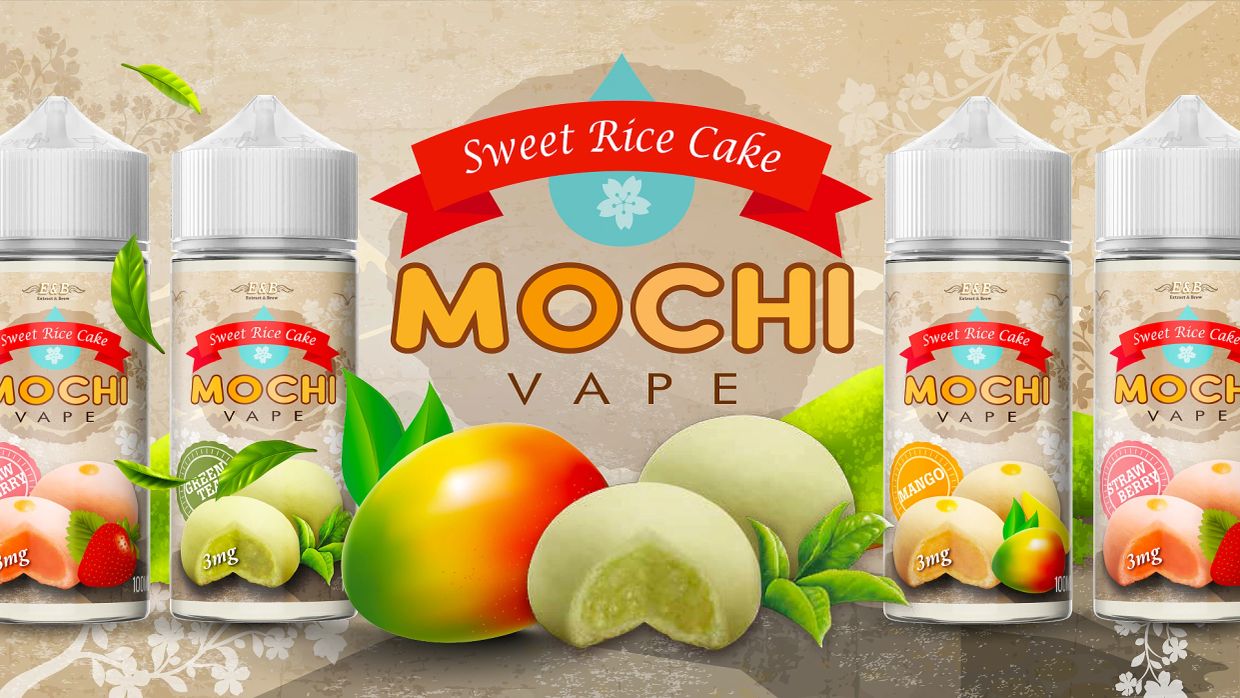 Mochi Vape sweet rice cake e-liquid bottles with fruit flavors.