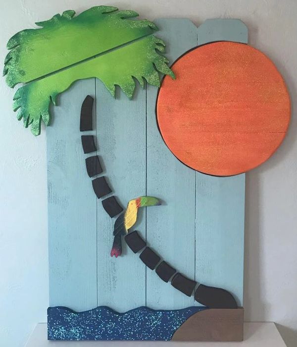 Toucan, Palm Tree, Inlaid Sun
