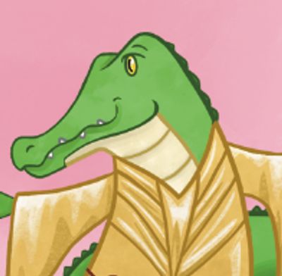 Crocodile in a gold lamé disco jumpsuit with bell sleeves.