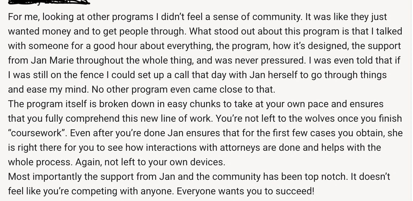 Testimonial praising a supportive community-driven program with personalized guidance.