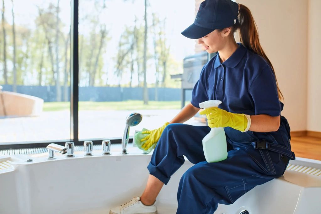 Woman cleaning a bathtub with spray and cloth.