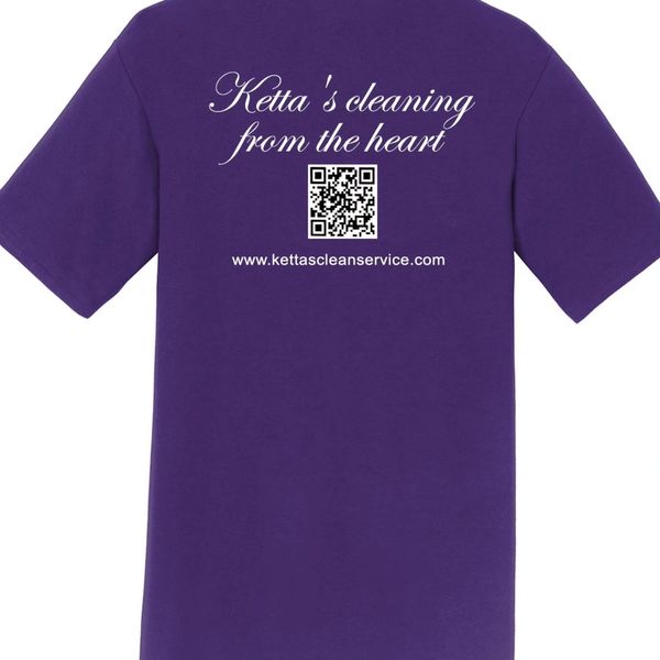 Purple t-shirt with cleaning service slogan and website.