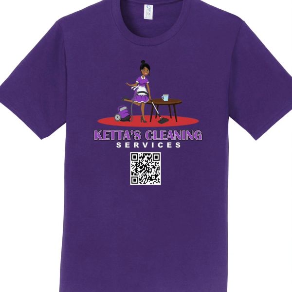 Purple t-shirt with Ketta's Cleaning Services logo and QR code.