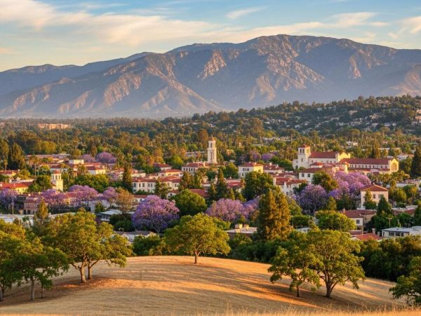A scenic town with purple-flowered trees and mountains in the background.