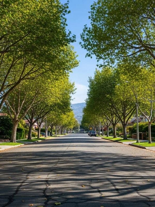 A quiet street lined with green trees and houses under a clear blue sky.