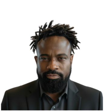 Man with dreadlocks wearing a black suit and shirt.