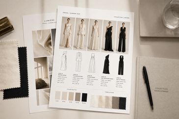 Fashion design sheets showcasing elegant dress concepts and fabric samples.