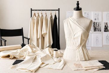 A dress form with fabric and sketches in a fashion design workspace.