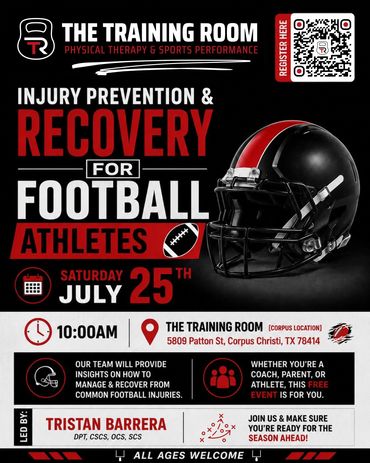Promotional poster for football injury prevention and recovery session on July 25th.