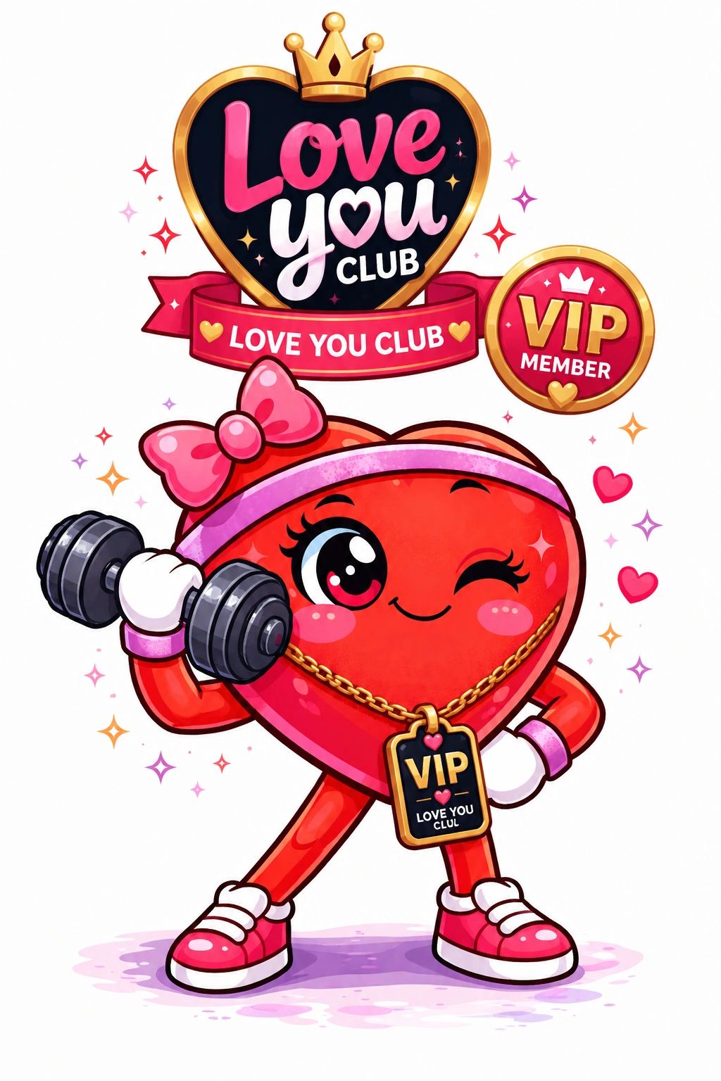 A cute heart character lifting a dumbbell, wearing a VIP tag and pink bow.
