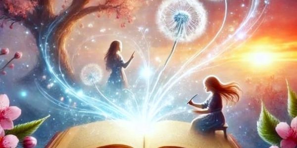 Two girls engaging with magical dandelions emerging from a glowing book at sunset.