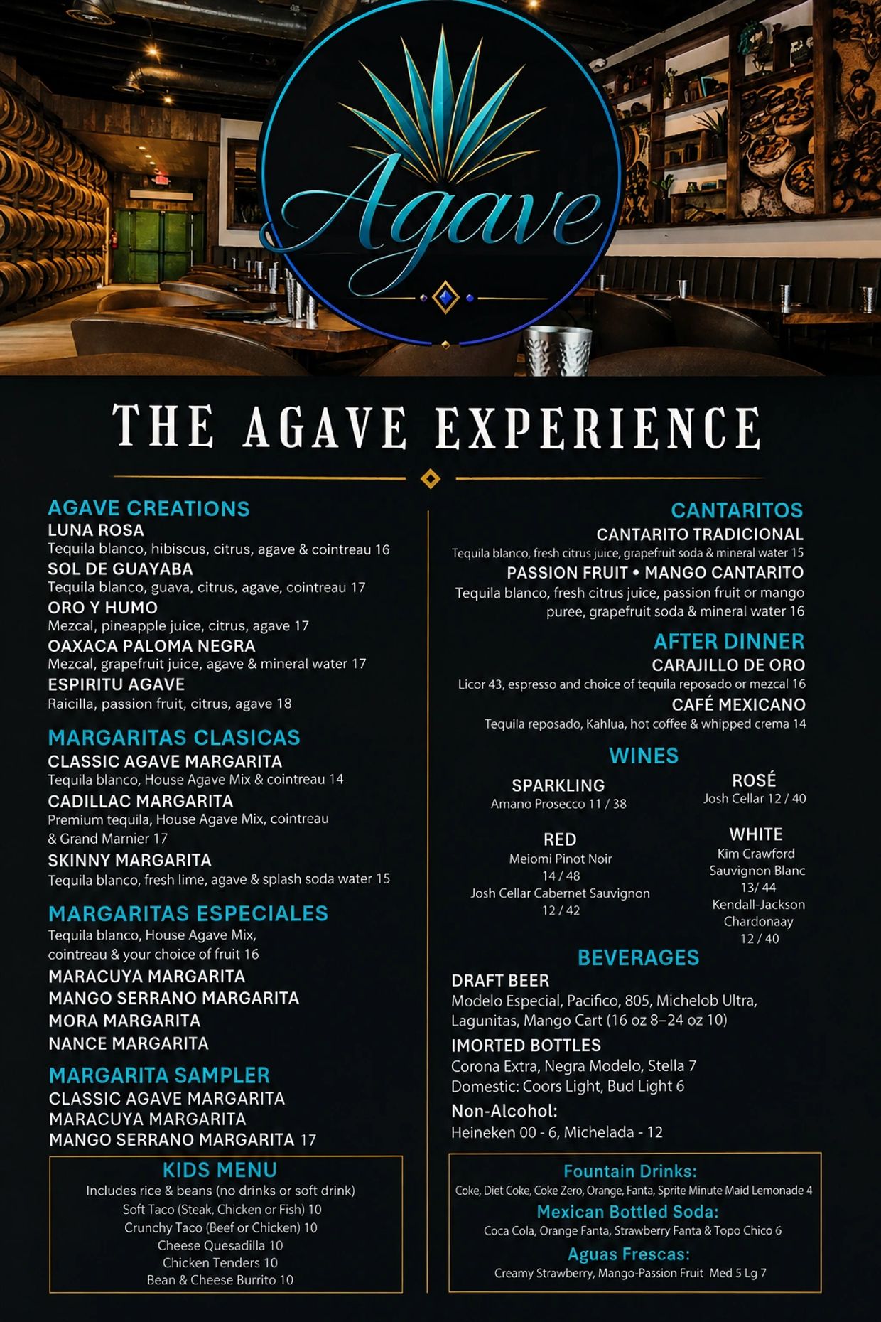 Agave menu featuring margaritas, cocktails, wines, and kid-friendly options in a rustic restaurant setting.