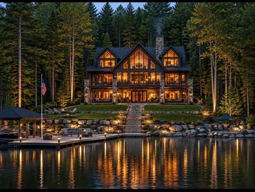 A cozy lit cabin by the lake at dusk.