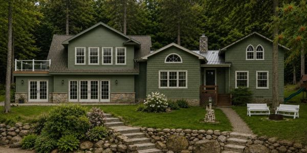 Large green house surrounded by trees with stone steps.
