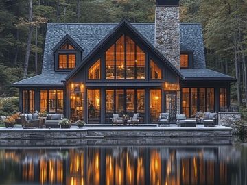 Cozy lakeside cabin with glowing lights at dusk.