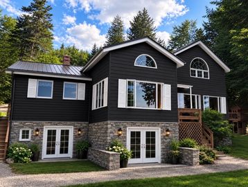 A large modern house with black siding and stone foundation.