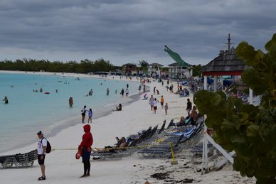 many people are on the beach and in the water