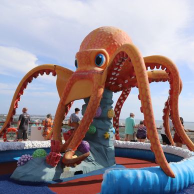 A big octopus enjoying a boat ride on the ocean waves.