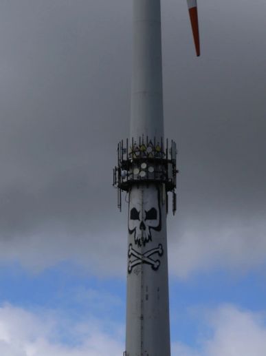 A cross and skull sign board on a pole