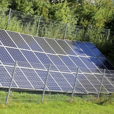 a row of solar panels sitting on top of a lush green field