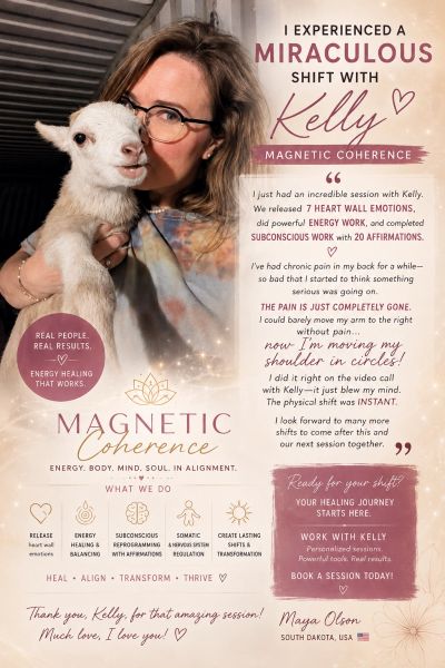 Woman hugs a white goat, endorsing Magnetic Coherence healing sessions by Kelly.