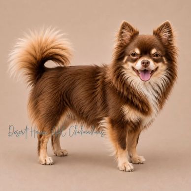Happy brown Chihuahua with fluffy tail.