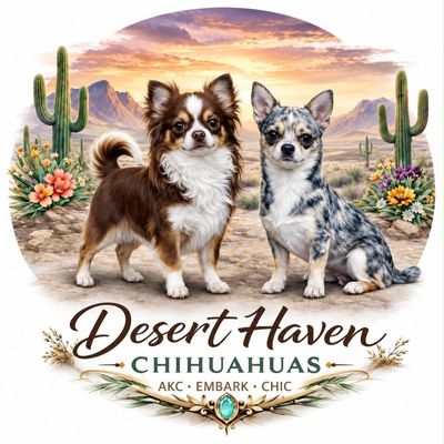 Two Chihuahuas in a desert scene with cacti and flowers.