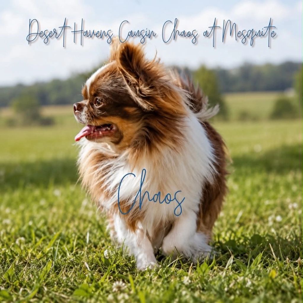 Fluffy brown and white dog named Chaos enjoying a grassy field.