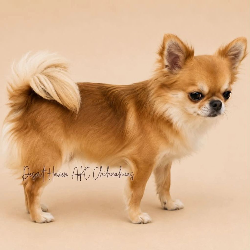 Small long-haired Chihuahua with fluffy tail.