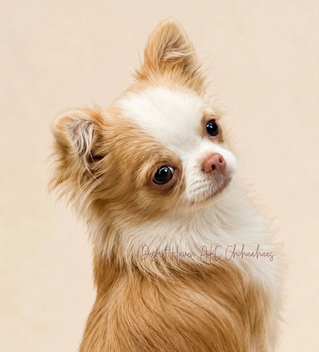 AKC Chihuahua long coat female red cream with white markings bred by Desert Haven AKC Chihuahuas