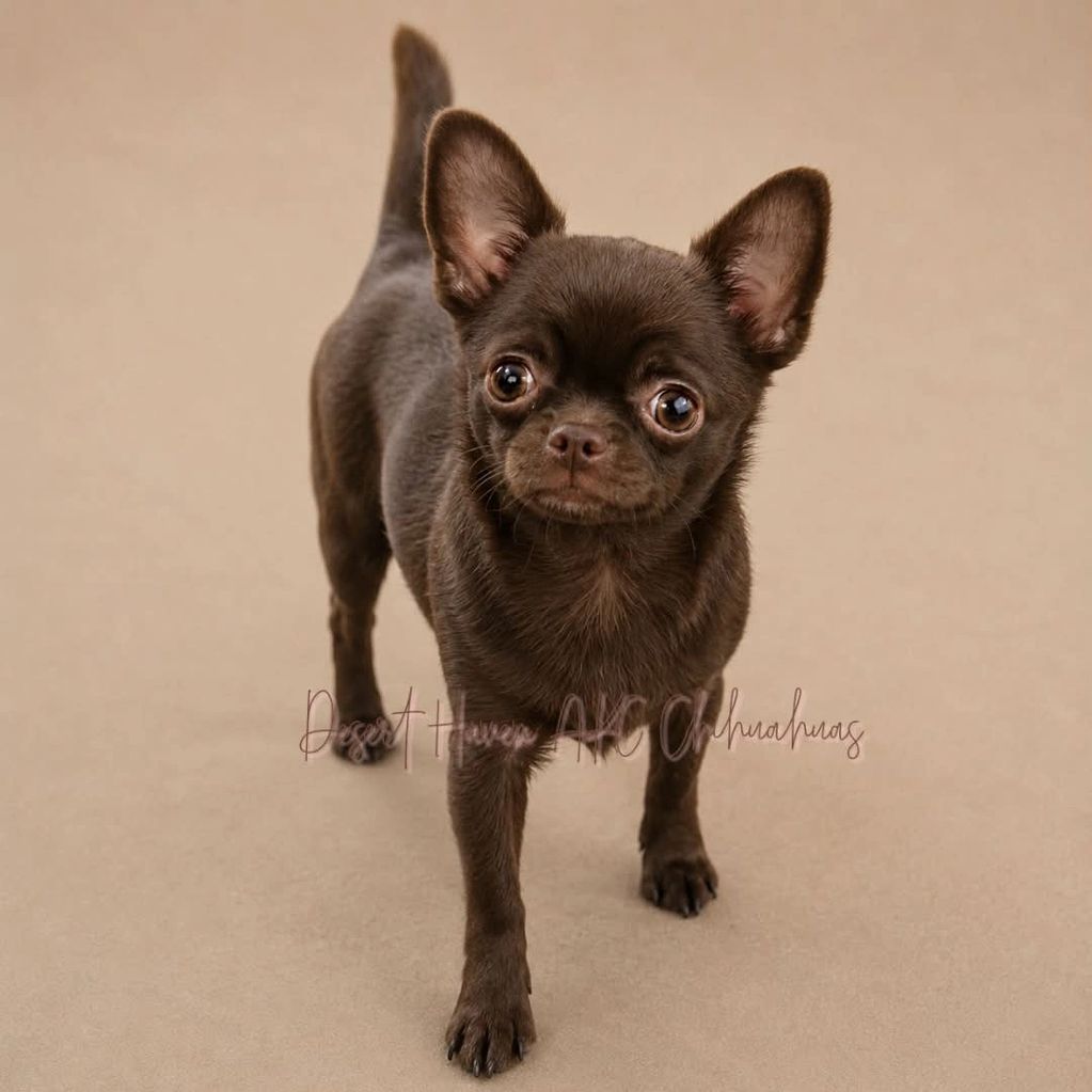 AKC Chihuahua female chocolate in  color owned and bred by Pam Padilla Desert Haven AKC Chihuahuas