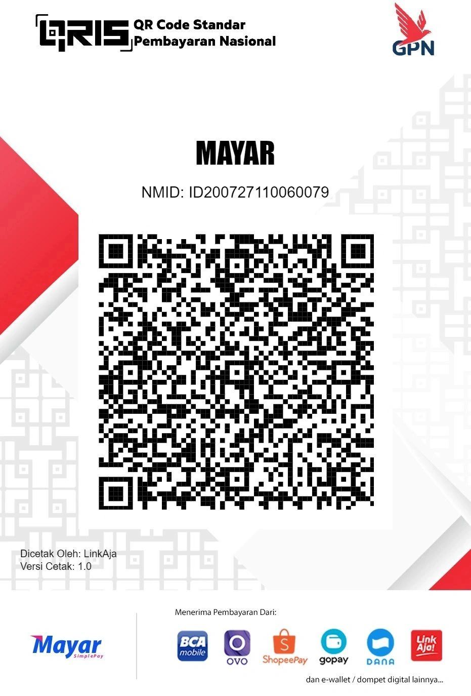 QRIS QR code for Mayar payment with various e-wallet options.