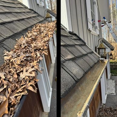Before and after cleaning leaves from a house gutter.