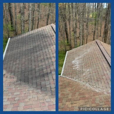 Before and after cleaning a shingle roof covered with dirt and debris.