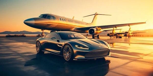 Astin Martin, luxury car parked in front of private jets at sunset.