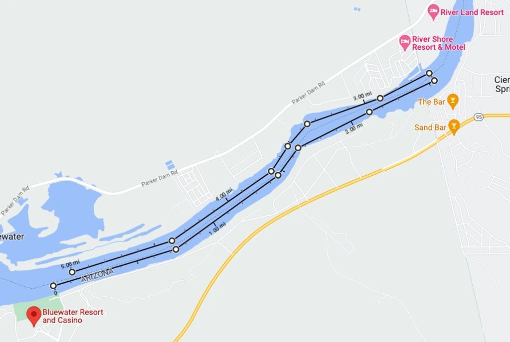 Approximately 5 mile course from Bluewater Casino to River Shore Resort and Motel