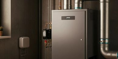 A modern industrial boiler with large metal pipes in a clean utility room.