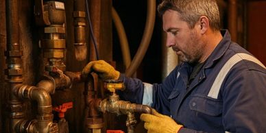 A worker adjusts valves on industrial piping wearing protective gloves and a blue uniform.