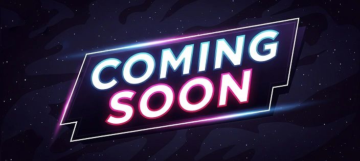 Neon sign reading 'COMING SOON' against a dark starry background.