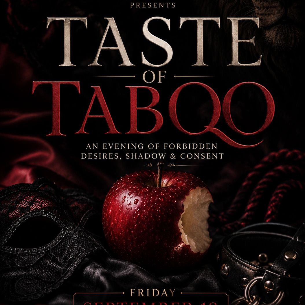 A dark, provocative event poster featuring a bitten apple and leather accessories.