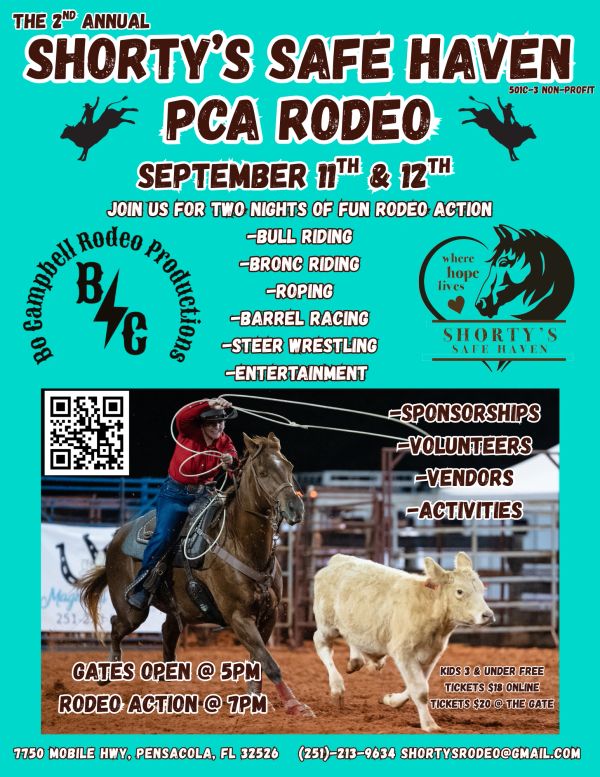 Flyer for 2nd Annual Shorty's Safe Haven PCA Rodeo event with rodeo details.