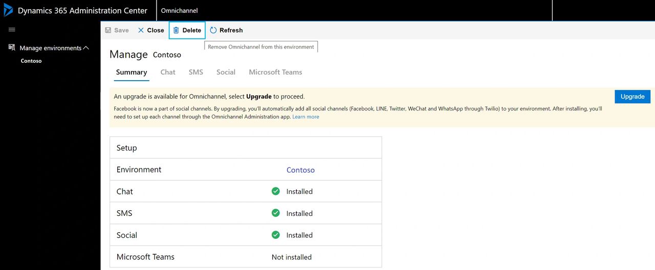Deleting an Omnichannel for Customer Service instance in Dynamics 365 Administration Centre for Omnichannel