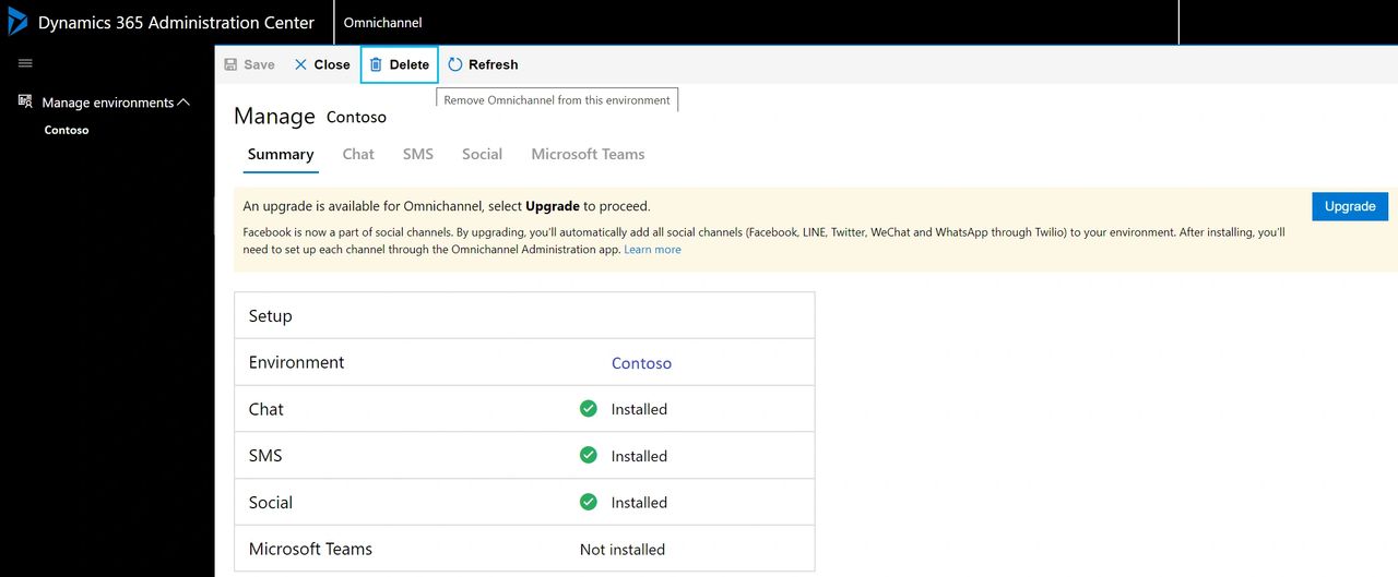Deleting an Omnichannel for Customer Service instance in Dynamics 365 Administration Centre for Omnichannel Deleting an Omnichannel for Customer Service instance in Dynamics 365 Administration Centre for Omnichannel
