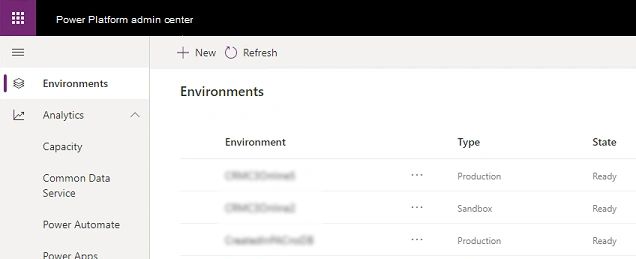 Environments page of the Power Platform admin centre