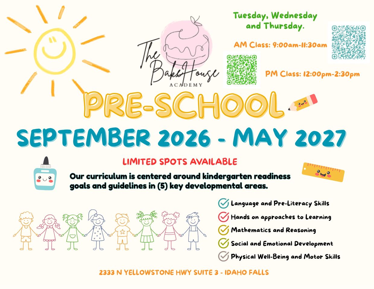 Colorful preschool flyer with class schedule and curriculum highlights for 2026-2027 at The Bake House Academy.