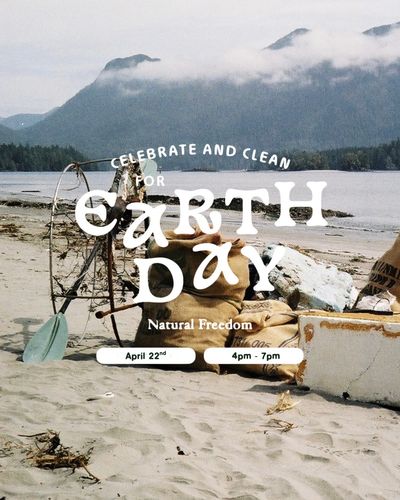 Beach cleanup event promoting Earth Day with natural freedom theme.
