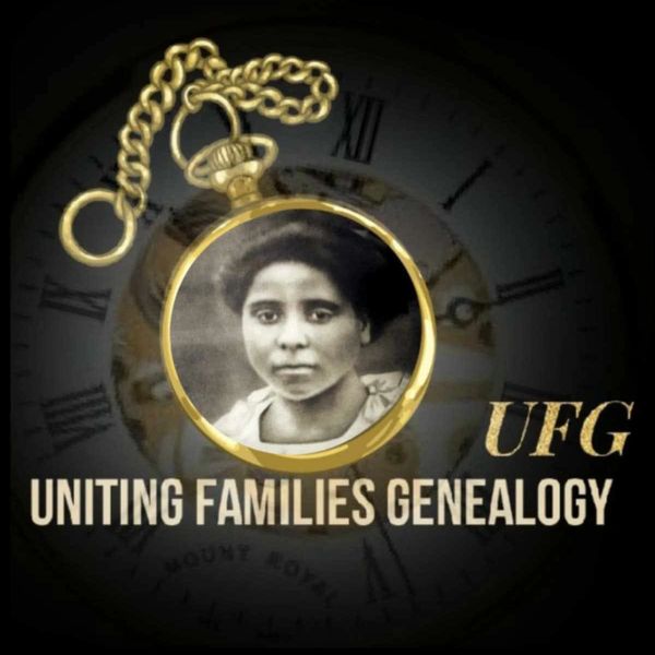 Logo of Uniting Families Genealogy with a vintage photo in a pocket watch.