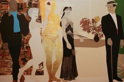 Frieze: The Studio (1964,  77 × 116 in.,oil, collage (dried flowers, photos, news clippings)