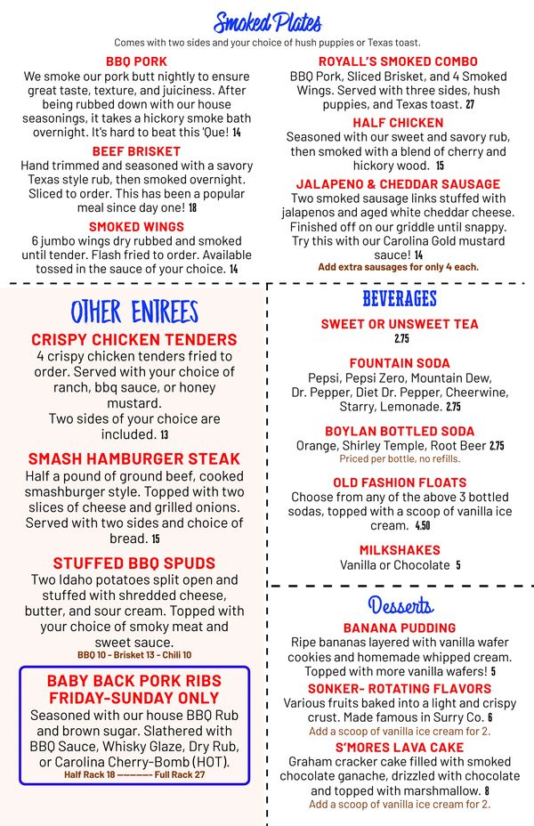 Back of our menu showing our smoked plates, other entrees, beverages, and desserts. 