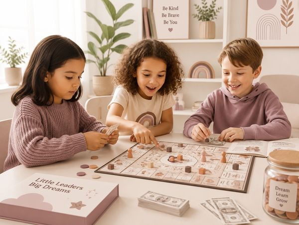 Three kids enthusiastically playing a board game at a table.